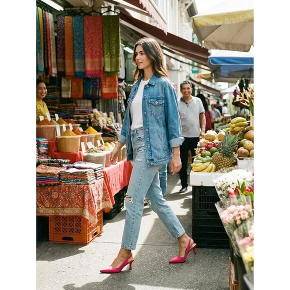 Women's Satin Pink  Faux Leather Pointed Toe Slingback Stylish Buckle Pump Shoes - Picture 2 of 6